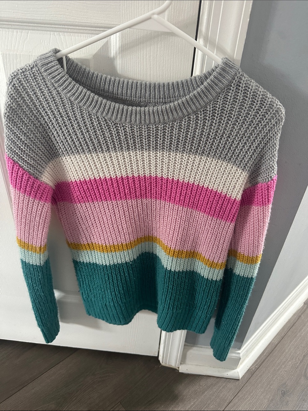 SO Striped Crewneck Sweater - Gray, Pink, Teal & Mustard